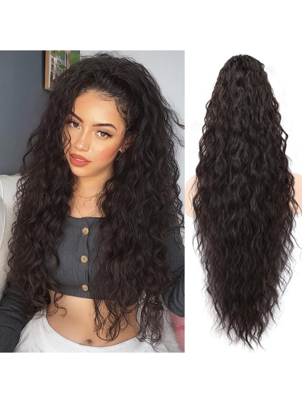 Long Wavy 30" Ponytail Extension - Curly Clip-In Hairpiece for Women, Natural
